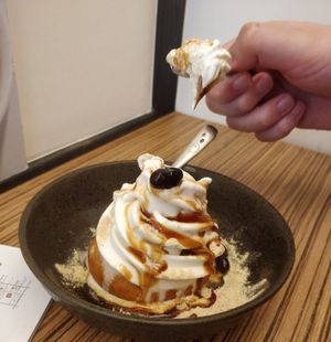 Donut with soft serve (honey sauce not vegan) at Mamemaru in Sendai