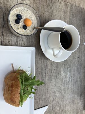 Small vegan sandwich, coffee and delicious overnight oatss  at Karla in Stockholm
