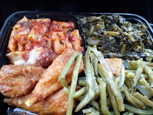 Ziti, sesame wings, collards, green beans at ELife - Anacostia Arts Center in Washington