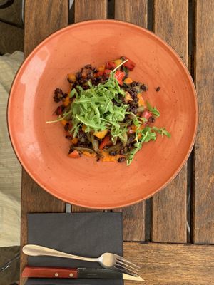 Black vegan risotto made by request at Grad Kodeljevo  in Ljubljana