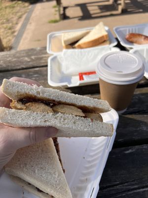 Vegan sausage sandwich and soy latte  at The Orchard Cafe in Worcester