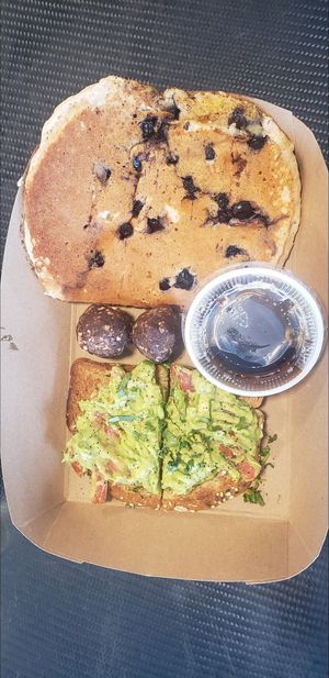 Blueberry pancake, date balls, avacado toast at Freshfit Cafe in Nags Head