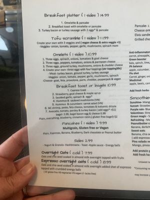 Menu, clearly marked vegan items  at Freshfit Cafe in Nags Head