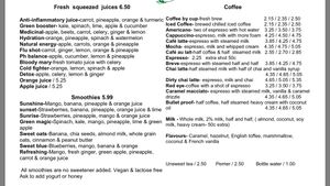 Drinks menu at Freshfit Cafe in Nags Head