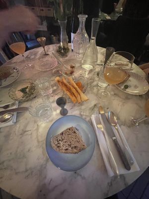  Snacks - ‘crepes’, olives, tahini-zaatar dips   at Baka d'busk in Copenhagen