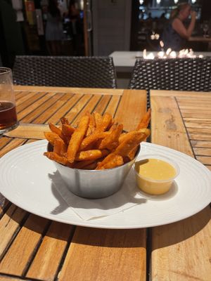 Yam fries with vegan mayo  at Salty's Beachhouse Restaurant in Penticton