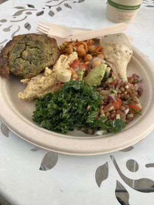 Kale, artichoke, chickpea salad, vgn ceviche, vgn tuna salad at The Plantisserie in Miami