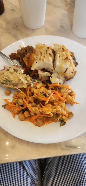 Shepherds pie, chickpea salad and chickpea tuna at The Plantisserie in Miami