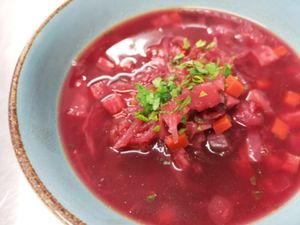Beet russian soup at Unison - Plant Based Food in Bucharest