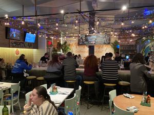 Inside, festive beach atmosphere at Playa Betty's in New York City