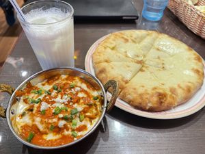 cheese curry + cheese nan + lassi  at Namaste Dhaulagiri in Kyoto