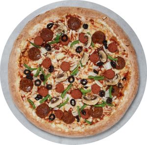 The Vegan Works: 
Our tomato sauce with vegan cheese, slices of jackfruit “pepperoni”, vegan sausage, chestnut mushrooms, green peppers, onions and black Herrera olives at Papa John's in Sevenoaks