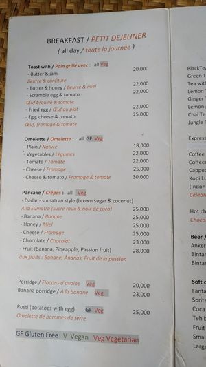 GF-Gluten-Free, V-Vegan, Veg-Vegetarian at Garden Inn in Bukit Lawang