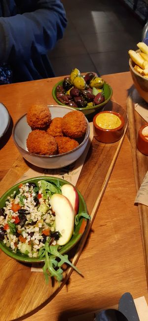 Tapas board - olives, bitterballen and tabbouleh salad at Bistro Calypso in Eindhoven