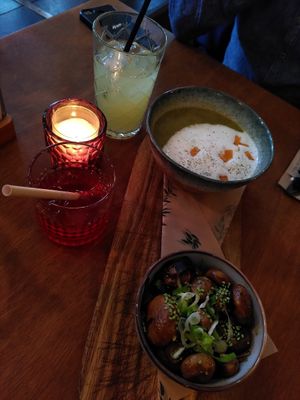 Sticky mushroom & seasonal soup with vegan salmon at Bistro Calypso in Eindhoven