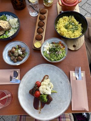 Classic bitterballen in the center,  green curry and the maroccan stew  at Bistro Calypso in Eindhoven