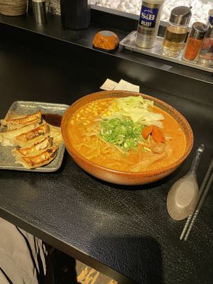 gyoza and spicy miso ramen  at Shinbu Sakiya Ramen - 麺匠真武咲弥 in Tokyo