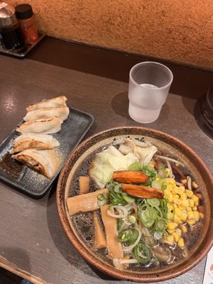 Soy sauce vegan ramen and vegan gyozas  at Shinbu Sakiya Ramen - 麺匠真武咲弥 in Tokyo