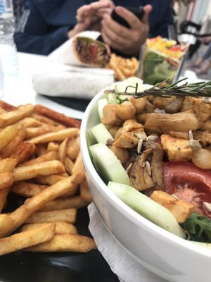 Buddha bowl with oyster mushroom chicken & 10 out of 10 Paprika chips 😍 at Choco Kebab Cafe in Bugibba