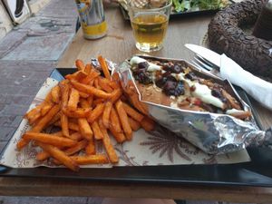 Vegan doggie and sweet potato fries at Choco Kebab Cafe in Bugibba
