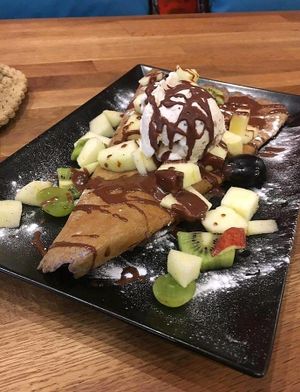 Vegan crepe with fruit and vegan ice cream at Choco Kebab Cafe in Bugibba