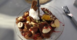 bubble waffle, vanilla ice cream, chocolate and fruits at Choco Kebab Cafe in Bugibba
