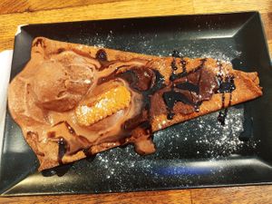 Vegan crêpe with chocolate ice cream and chocolate sauce at Choco Kebab Cafe in Bugibba