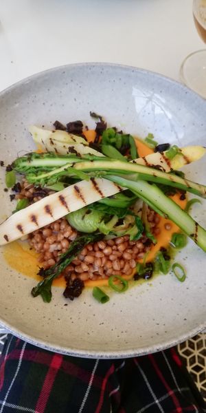 Gegrilde asperge, andijvie, wortelcrème met tarwe at Madonna in Ghent