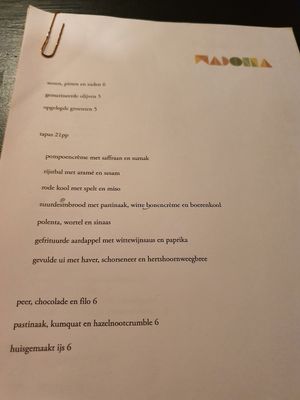 menu of that evening at Madonna in Ghent