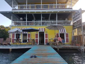 Looking back at ReThink from their pier at ReThink in Utila