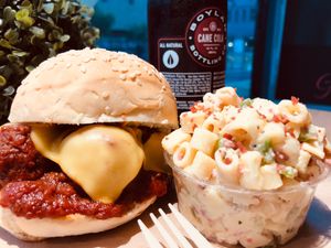 Meatball sandwich with a side of macaroni salad. at Vegan Picnic - Polk St in San Francisco