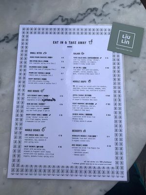 The menu at Liu Lin in Brussels