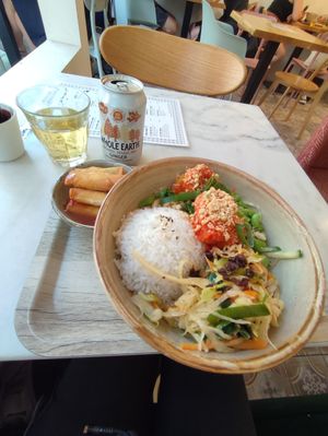 Crispy chick rice bowl, spring rolls and ginger drink at Liu Lin in Brussels