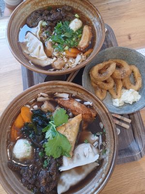 Bottom: Chinese Herbal Noodle Soup; top: Joyful Taiwan Noodle Soup; right: Calamares at Liu Lin in Brussels
