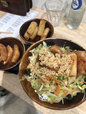 Prawn-like tempura, spring rolls and Lin’s noodle bowl  at Liu Lin in Brussels
