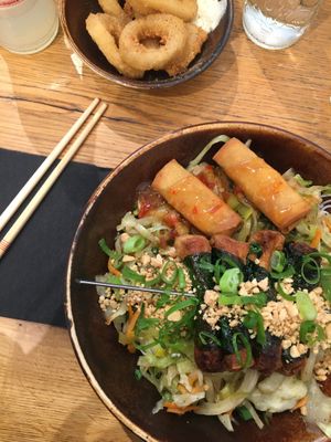 vegan calamari & noodles with tofu skewer in lalot leaves  at Liu Lin in Brussels