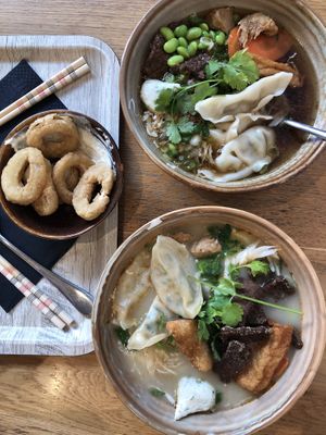 Noodle soups and calamari rings  at Liu Lin in Brussels