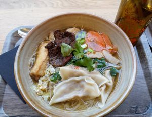 Joyful Taiwan noodle soup with rice noodles, dumplings, Chinese cabbage, edamame, shiitake chunks, soy meat, tofu, scallion & cilantro at Liu Lin in Brussels