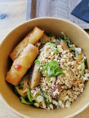 Noodle bowl with spring rolls at Liu Lin in Brussels