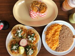 Vegan tacos, vegetarian burrito, and side of vegetarian rice and beans  at El Nopal in Everett