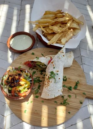 Falafel wrap w/ fattouch + fries at Naranj in Marrakech