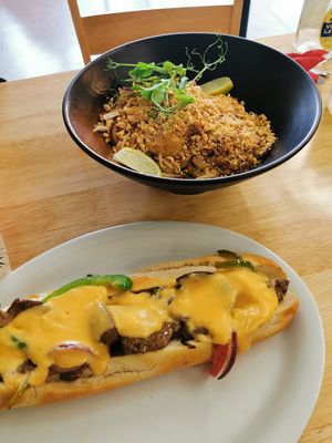 Philly cheese steak and pad thai at Sweet Pepper Cafe in Barrow-in-furness