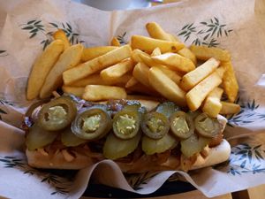 Not dog and chips, totally amazing! at Sweet Pepper Cafe in Barrow-in-furness