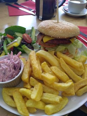 Yummy "bacon n cheese" burger at Sweet Pepper Cafe in Barrow-in-furness