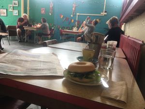 My humus bagel and coffee and a sense of the atmosphere  at DP1 Cafe in Greymouth