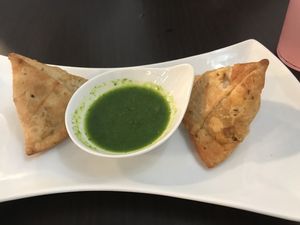 Samosas and Cilantro chutney at Cilantro’s  at Cilantro Indian Cafe in Cary