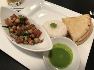 Cilantro’s Chickpea Salad, Naan, Basmati Rice and Cilantro Sauce at Cilantro Indian Cafe in Cary
