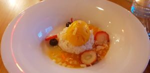 Vegan rice pudding with mango sorbet at Aura in Whistler