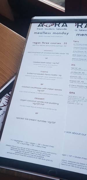 Vegan menu at Aura in Whistler