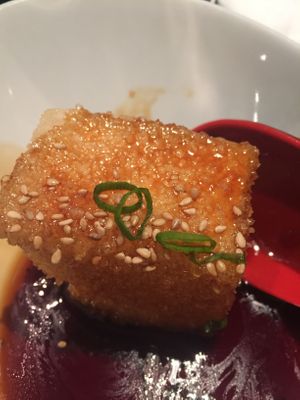 Agedashi tofu in a teriyaki sauce - original sauce has fish sauce at Ishikiya in Midland